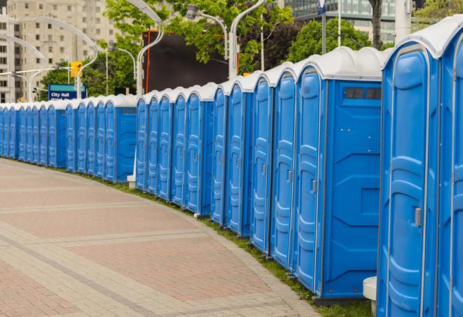 a line of portable restrooms at an outdoor wedding, catering to guests with style and comfort in Canyon Country